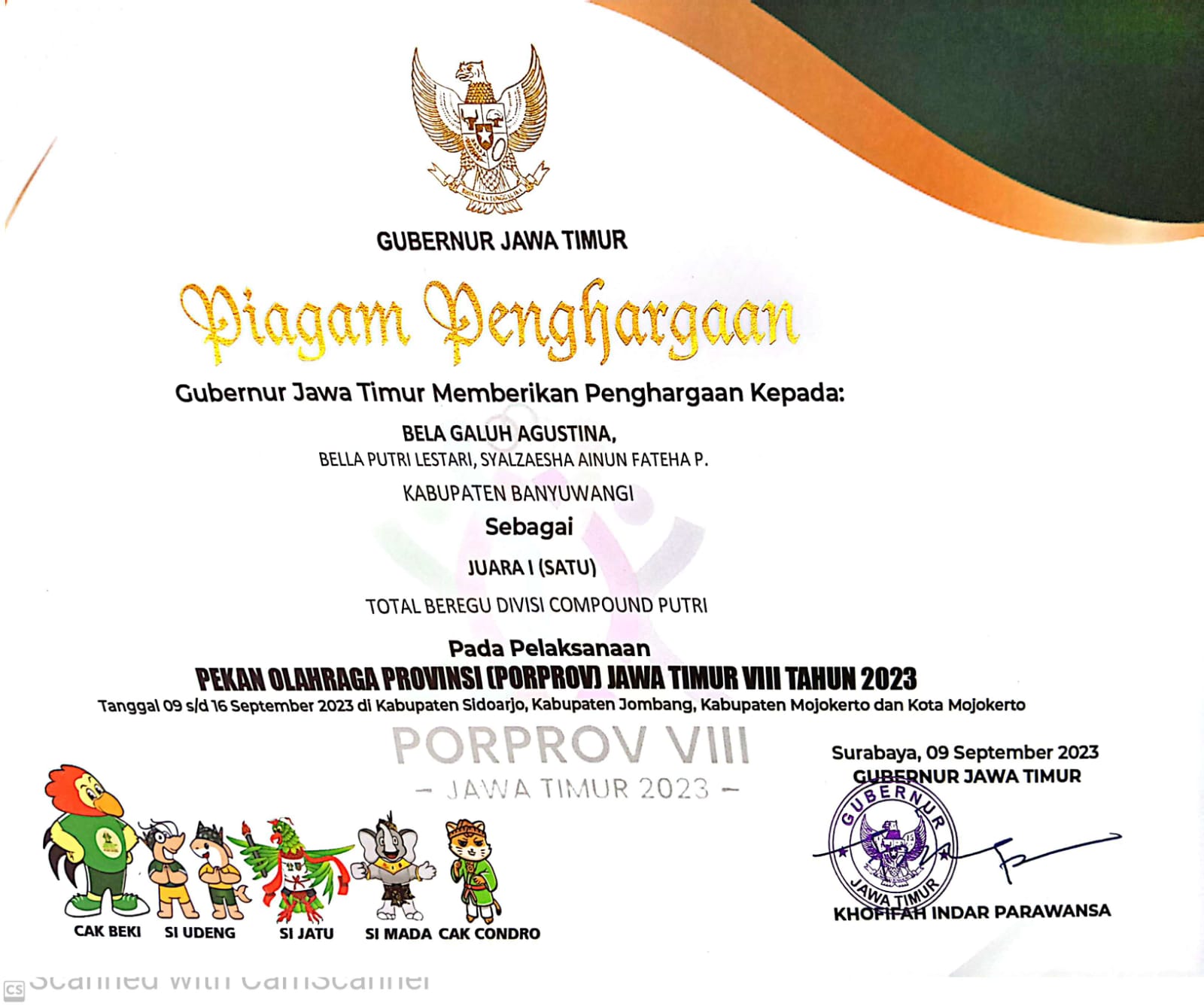 PEKAN OLAHRAGA PROVINSI JAWA TIMUR VIII TAHUN 2023 UNTUK LOMBA TOTAL BEREGU DIVISI COMPOUND PUTRI