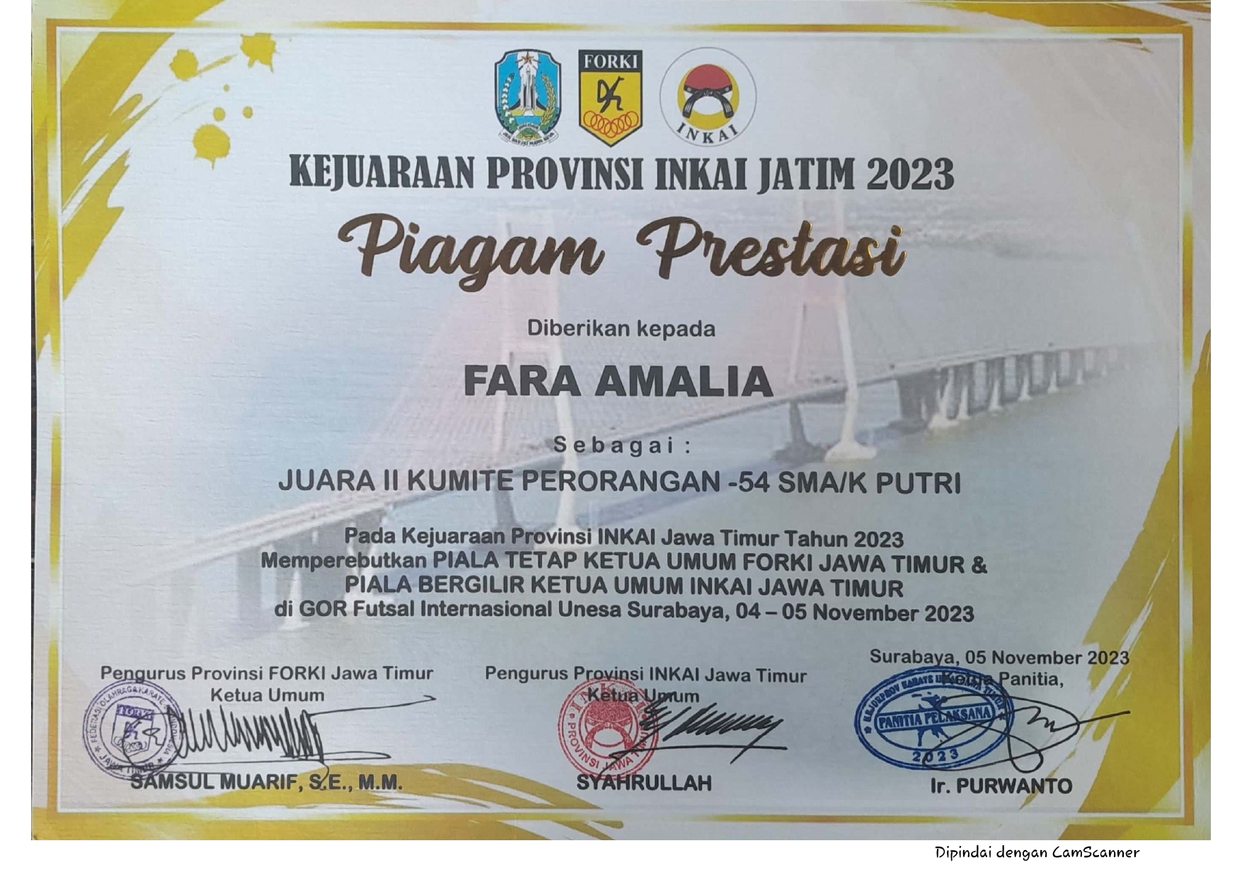 Juara II Kumite Perorangan -54 SMA/K Putri pada Kejuaraan Provinsi INKAI Jawa Timur tahun 2023