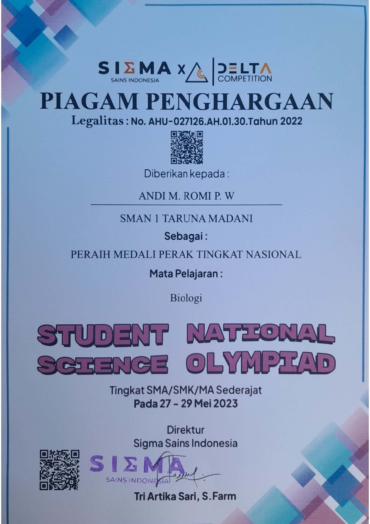 Peraih Medali Perak Tingkat Nasional Student National Science Olympiad Mapel Biologi Tingkat SMA/SMK/MA Sederajat