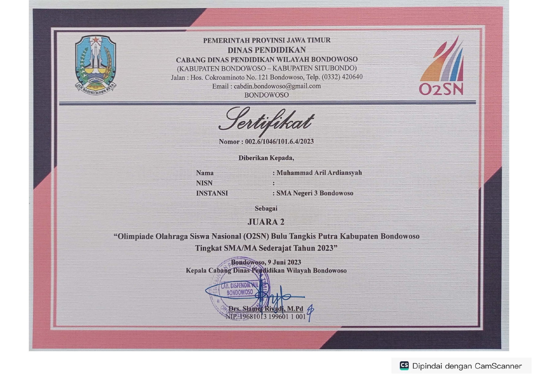 O2SN Bulu Tangkis Putra Kabupaten Bondowoso Tingkat SMA/MA Sederajat Tahun 2023