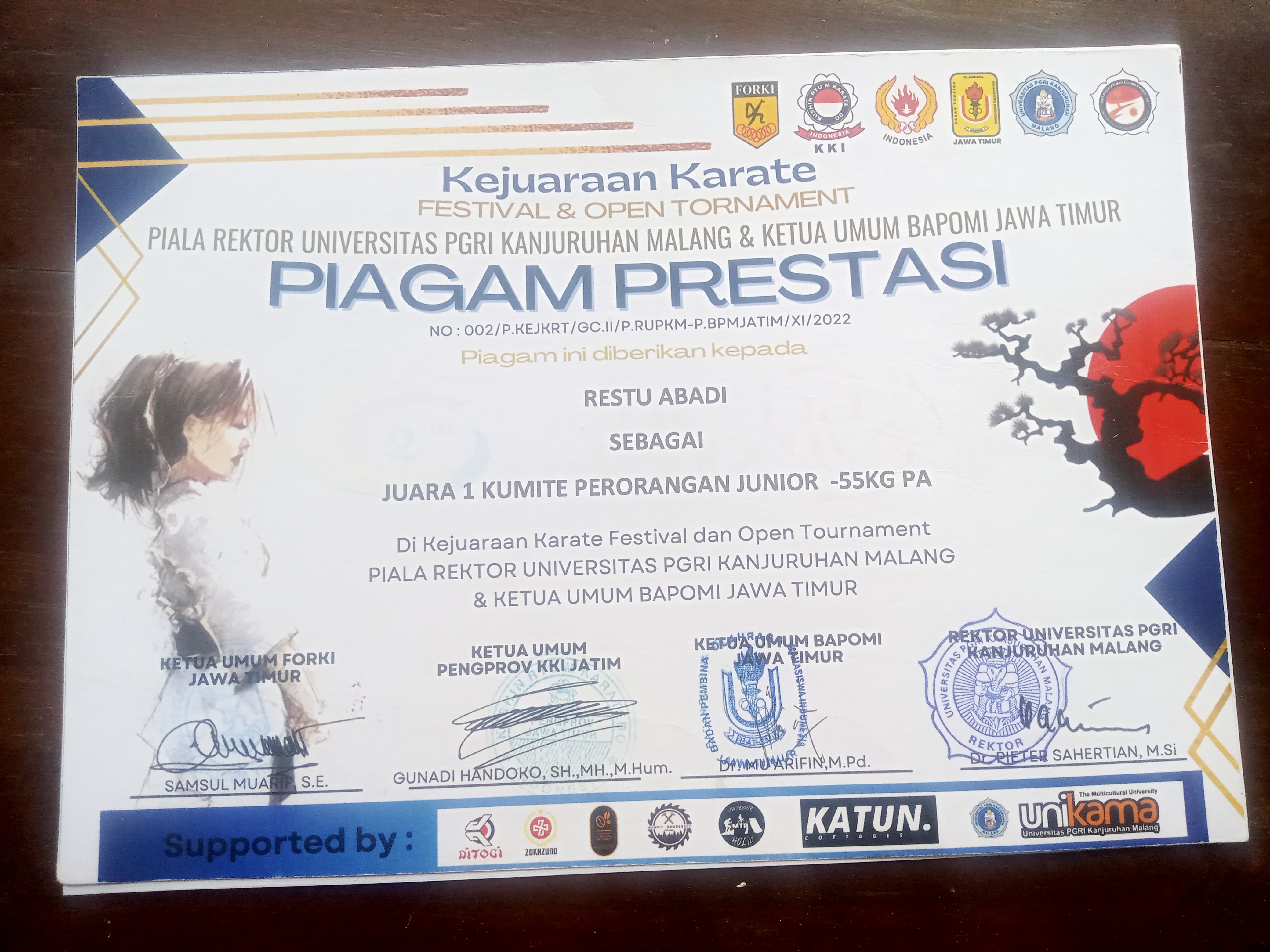 Piala Rektor Univ. PGRI Kanjuruhan Malang & Ketum BAPOMI Jatim, Kumite Perorangan Junior -55kg Putra