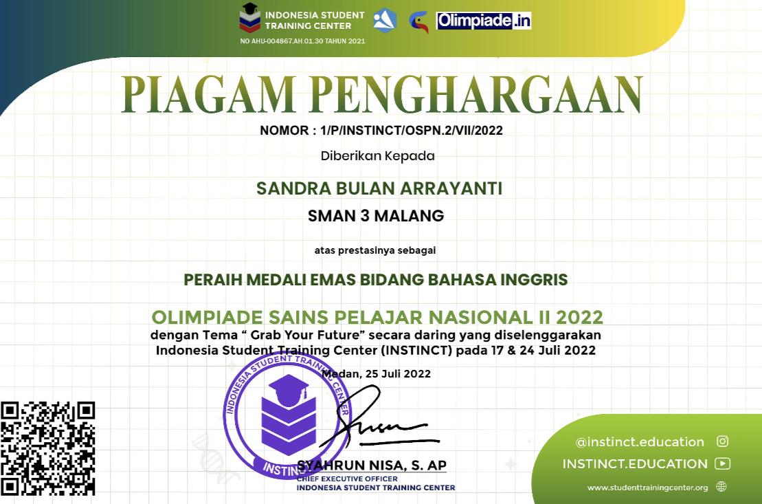 JUARA 1 MEDALI EMAS BIDANG BAHASA INGGRIS OLIMPIADE SAINS PELAJAR NASIONAL II