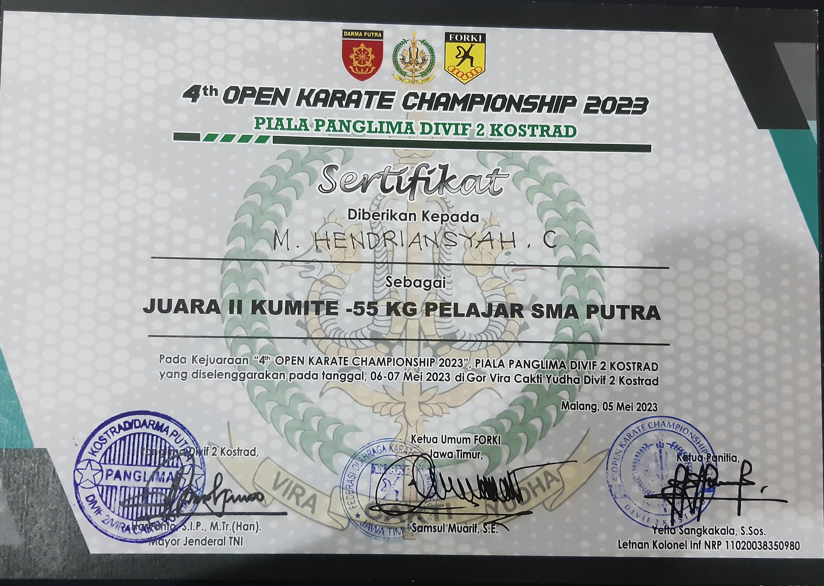 Piala Panglima Divif 2 Kostrad, Kumite -55 kg Pelajar SMA Putra