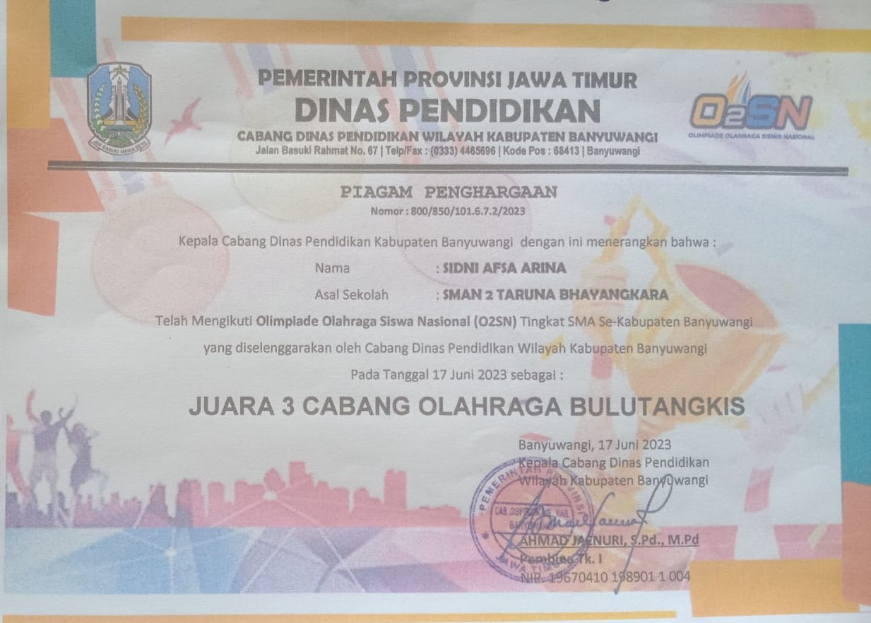 OLIMPIADE OLAHRAGA SISWA NASIONAL (O2SN) TINGKAT SMA Se-KABUPATEN BANYUWANGI CABANG OLAHRAGA BULU TANGKIS