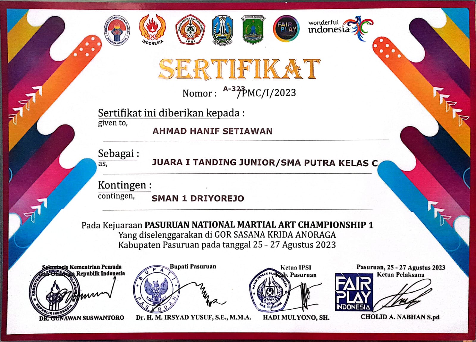 Juara I Tanding Junior/SMA Putra Kelas C - Pasuruan National Martial Art Champhinship 1