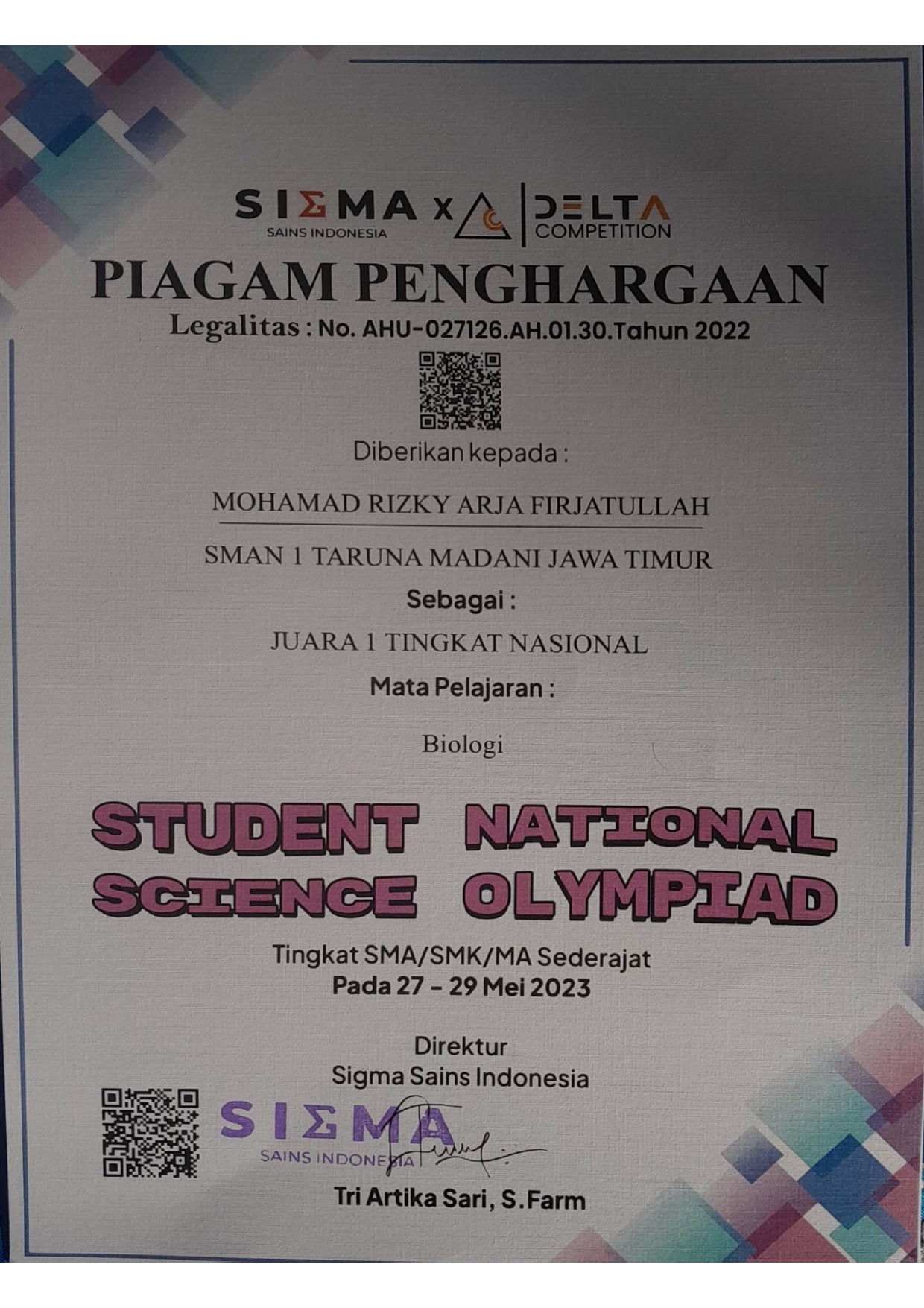 Juara 1 Tingkat Nasional Mapel Biologi dalam Student National Science Olympiad