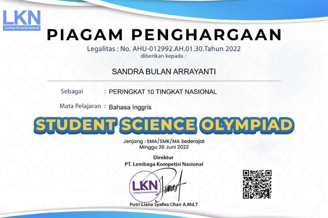 PERINGKAT 10 TINGKAT NASIONAL BIDANG BAHASA INGGRIS STUDENT SCIENCE OLYMPIAD 