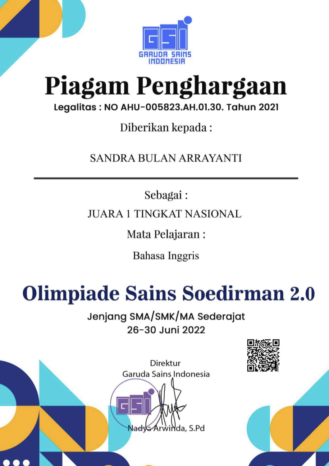 JUARA 1 BAHASA INGGRIS OLIMPIADE SAINS SOEDIRMAN 2.0