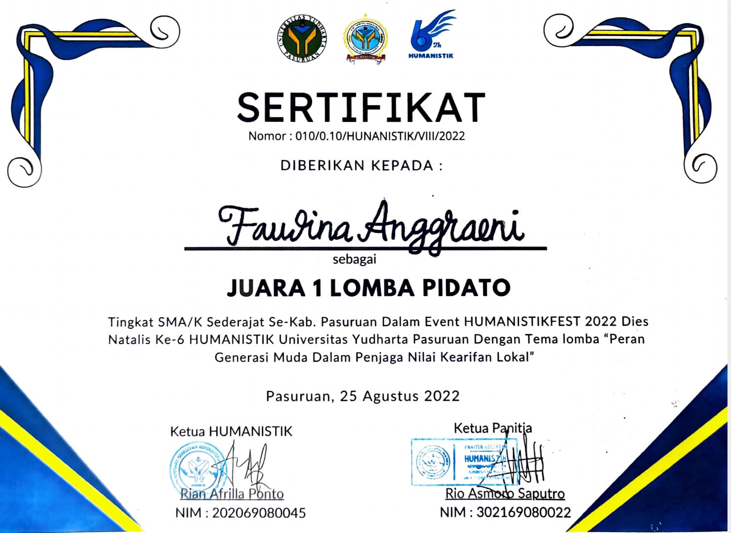 JUARA 1 LOMBA PIDATO HUMANISTIKFEST 2022