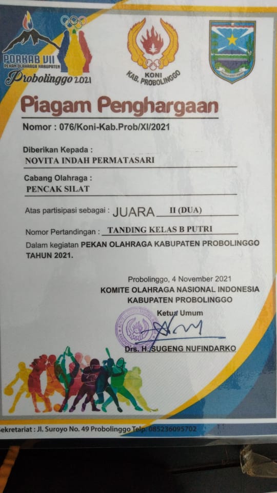 JUARA II PENCAK SILAT TANDING KELAS B PUTRI DALAM KEGIATAN PEKAN OLAHRAGA KABUPATEN PROBOLINGGO TAHUN 2021