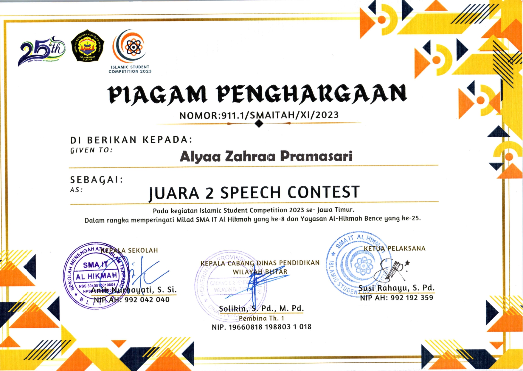 SPEECH CONTEST DI KEGIATAN ISLAMIC STUDENT COMPETITION 2023 SE-JAWA TIMUR MEMPERINGATI MILAD SMA IT AL HIKMAH KE 8 DAN YAYASAN AL HIKMAH BENCE KE 25