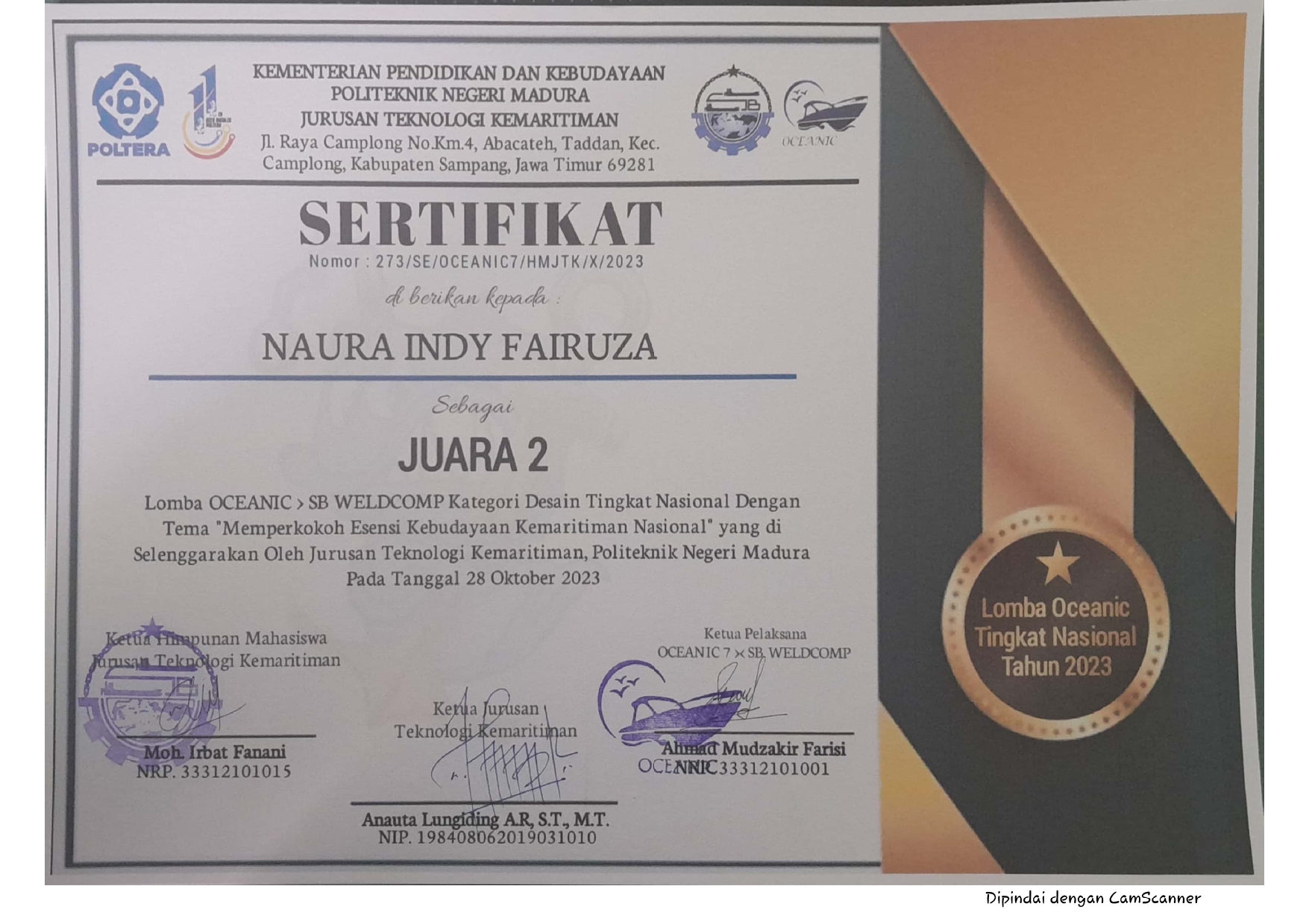 Juara 2 Lomba OCEANIC SB WELDCOMP Kategori Desain tingkat Nasional 