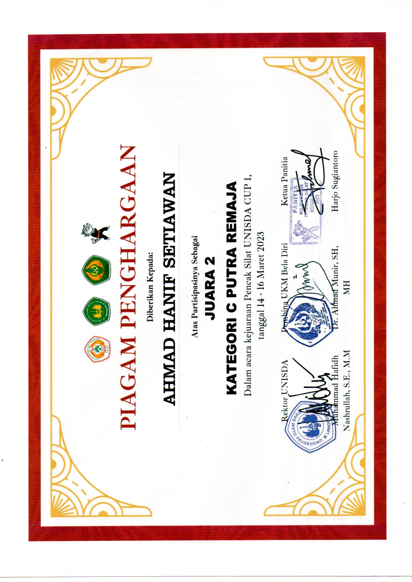 Juara 2  Kategori C Putra Remaja - Pencak Silat UNISDA CUP 1