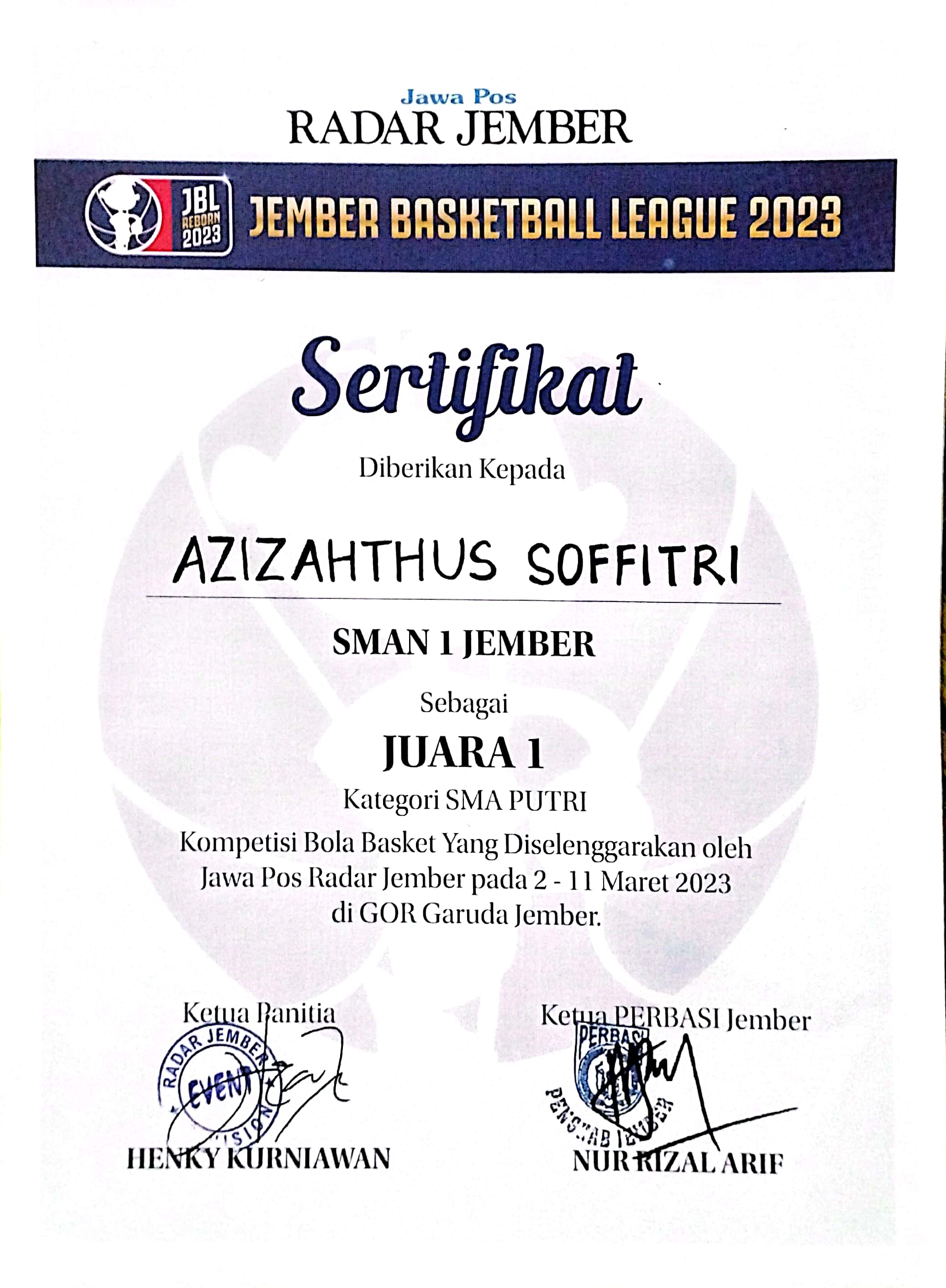 Jember Basketball League 2023 (Kategori SMA Putri)