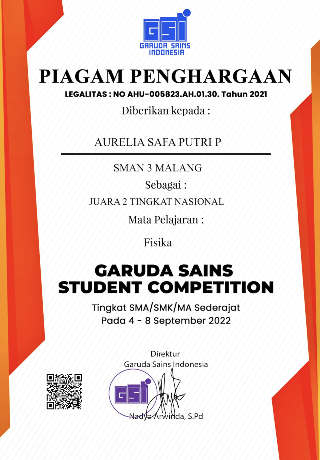 Juara 2 Cabang Fisika Garuda Sains Student Competition 