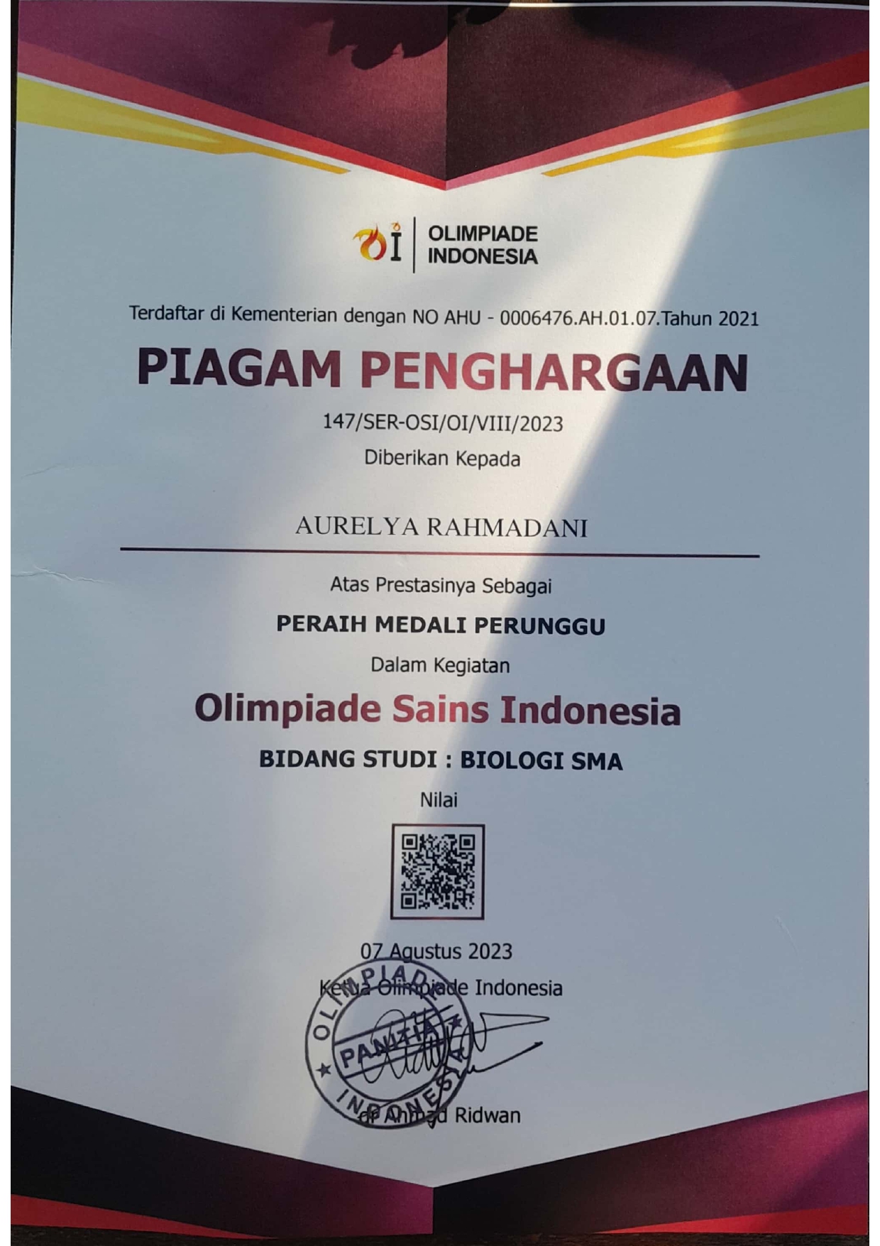 Peraih Medali Perunggu Olimpiade Sains Indonesia Bidang Studi Biologi SMA