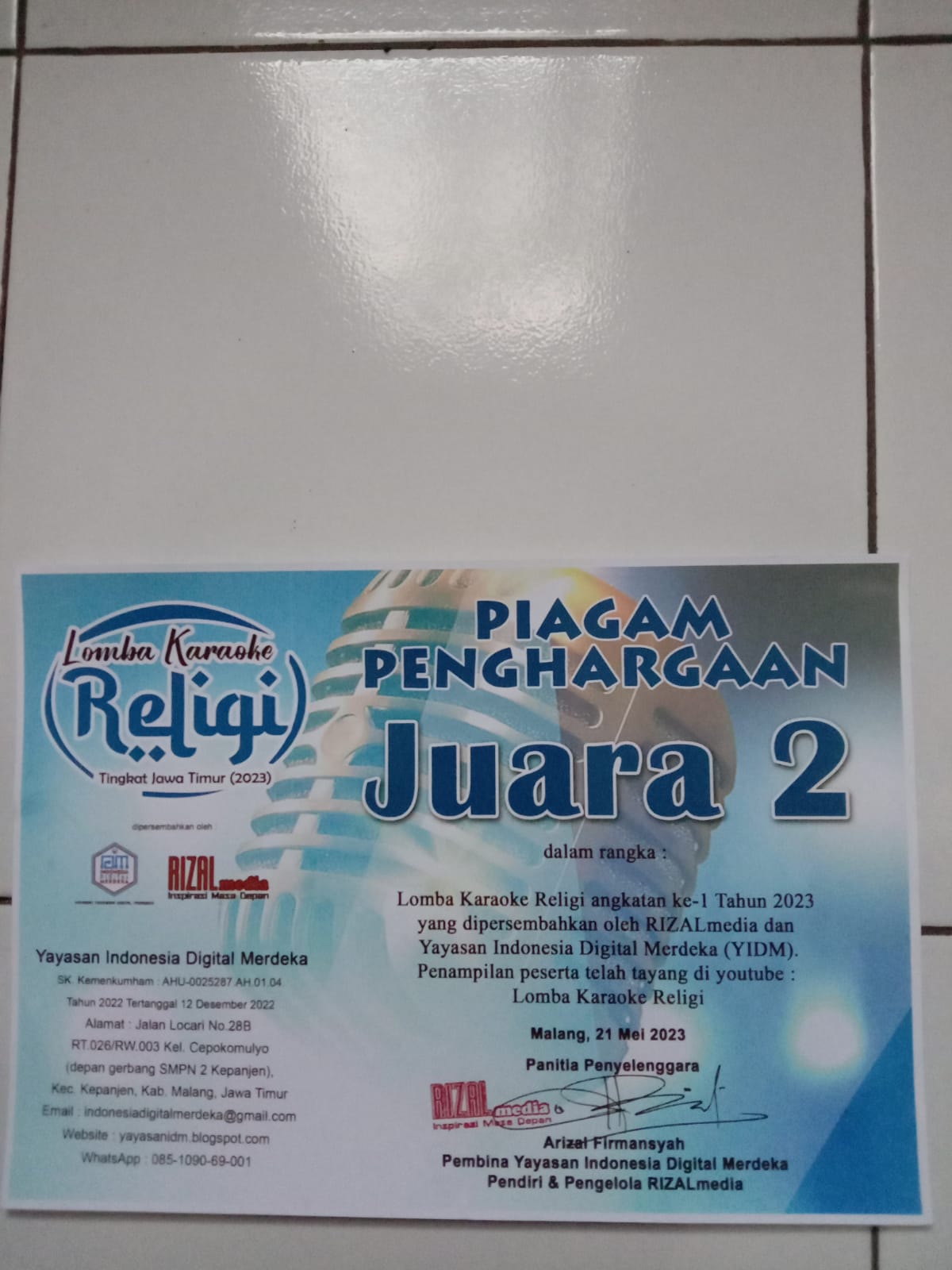 Juara 2 Lomba Karaoke Religi Tingkat Jawa Timur