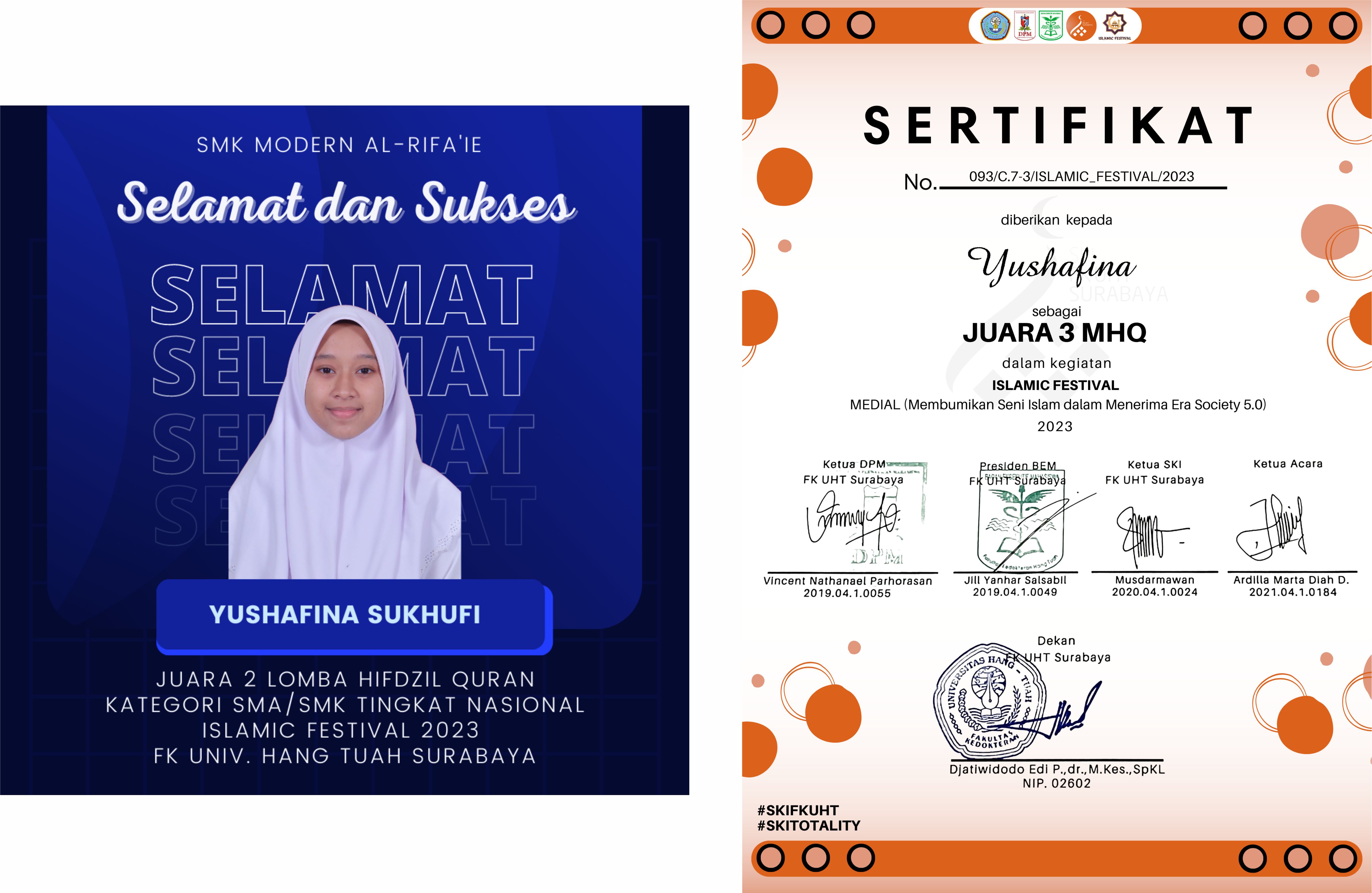 Juara 2 Lomba Hifdzil Quran Tingkat Nasional Islamic Festival 2023 FK Univ. Hang Tuah Surabaya