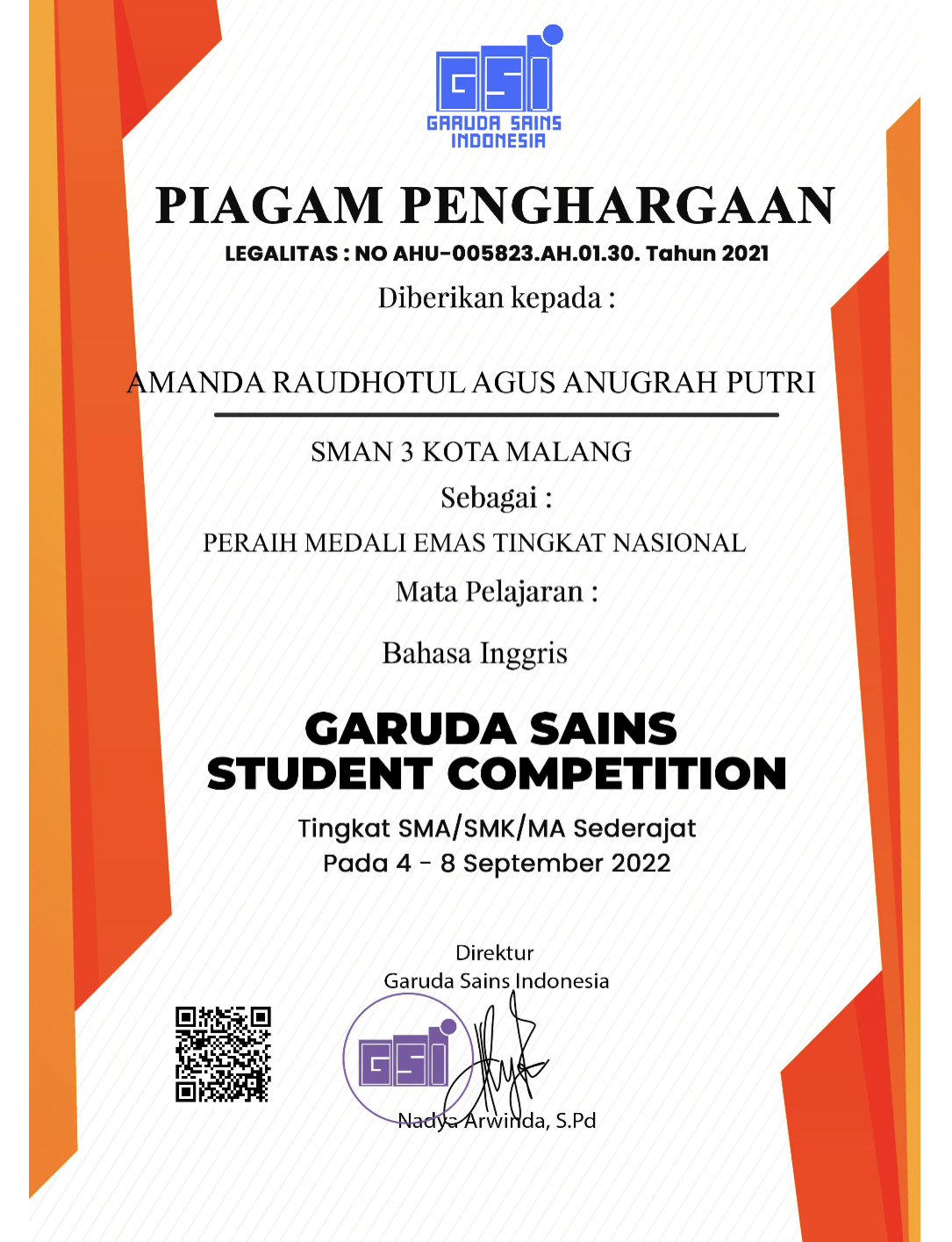 Medali Emas Bahasa Inggris Garuda Sains Student Competition