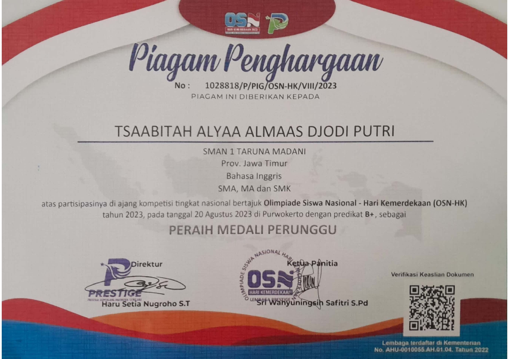 Peraih Medali Perunggu dalam Olimpiade Siswa Nasional-Hari Kemerdekaan Mapel Bahasa Inggris