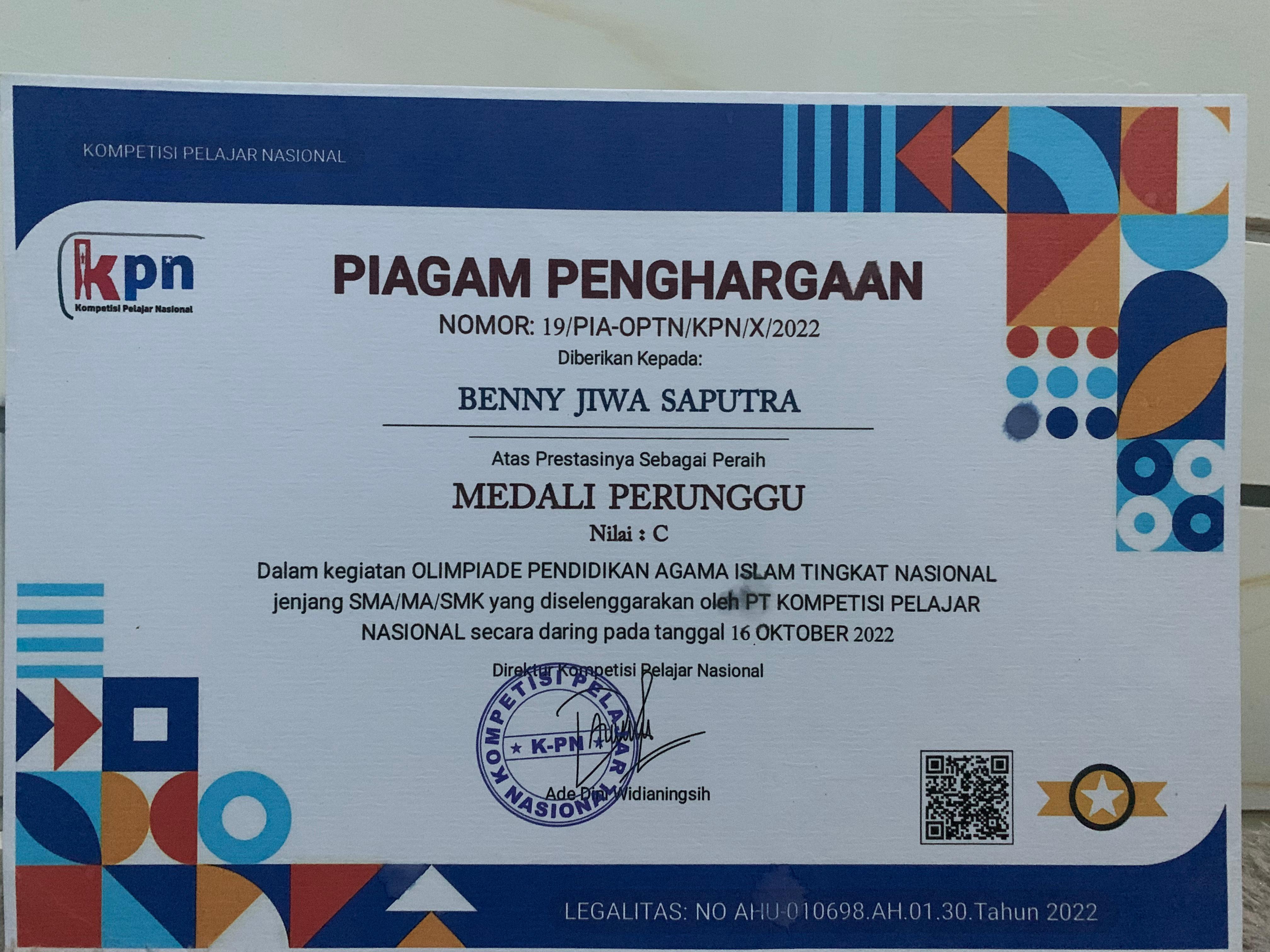 PERAIH MEDALI PERUNGGU OLIMPIADE PENDIDIKAN AGAMA ISLAM TINGKAT NASIONAL JENJANG SMA/MA/SMK