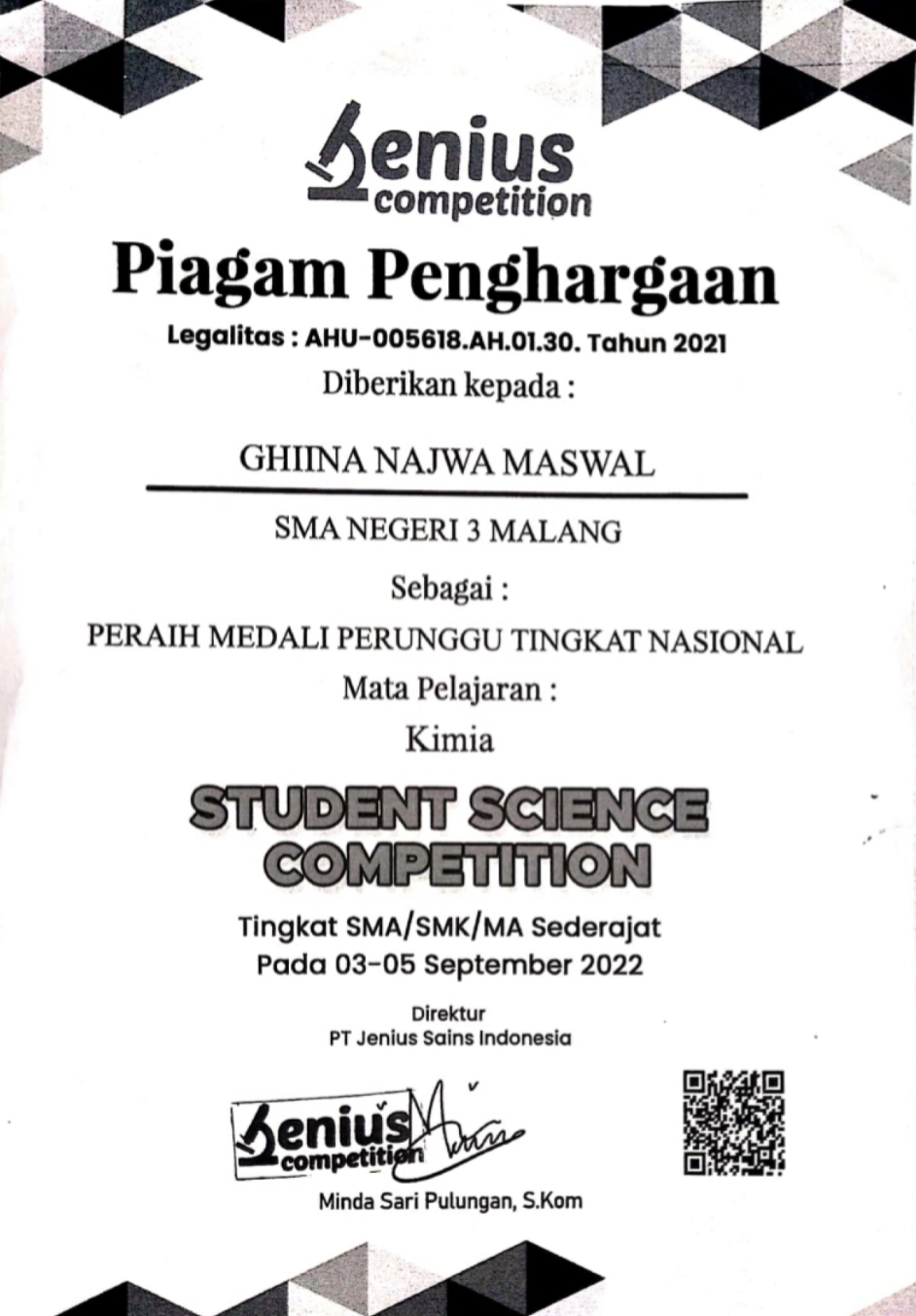 Medali Perunggu Bidang Kimia Student Science Competition  (SSC 2022)