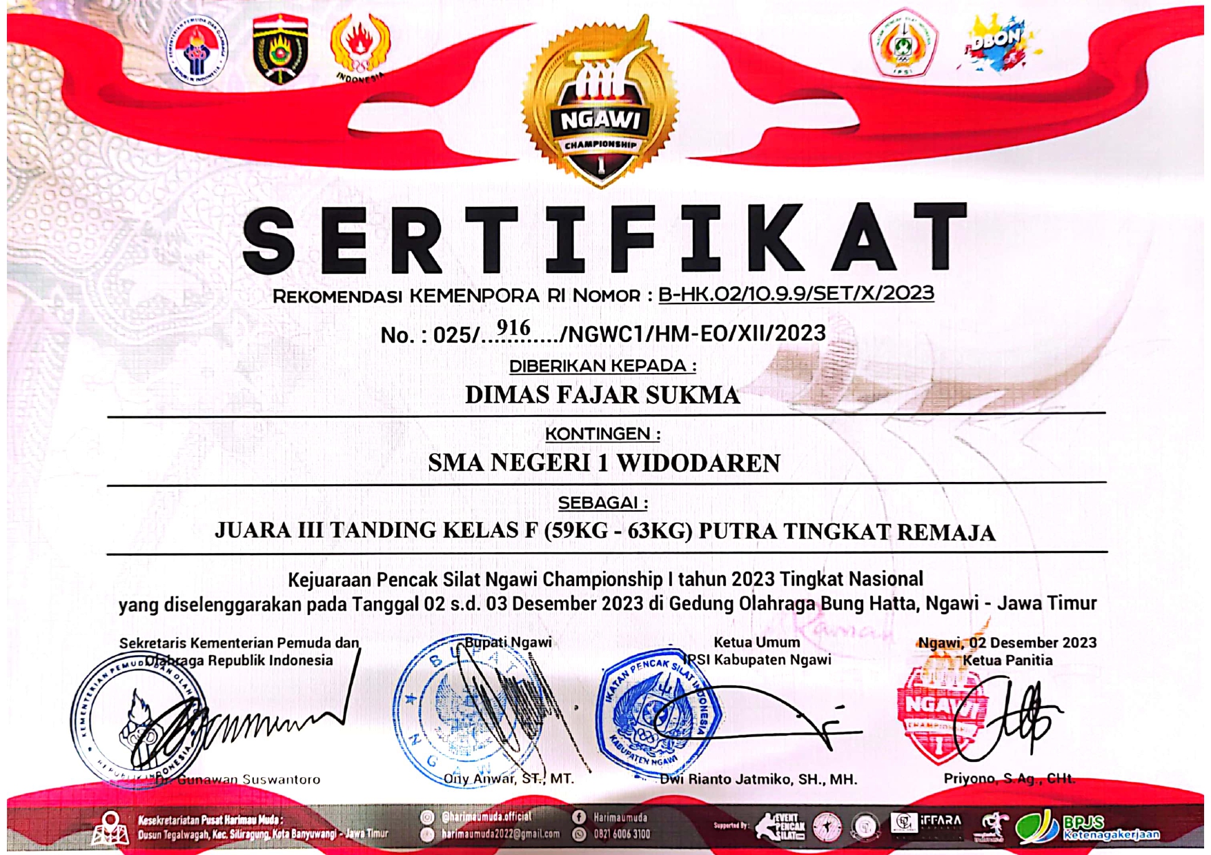 JUARA 3 TANDING KELAS F (59KG-63KG) PUTRA TINGKAT PERTAMA KEJUARAAN PENCAK SILAT NGAWI CHAMPIONSHIP I 2023