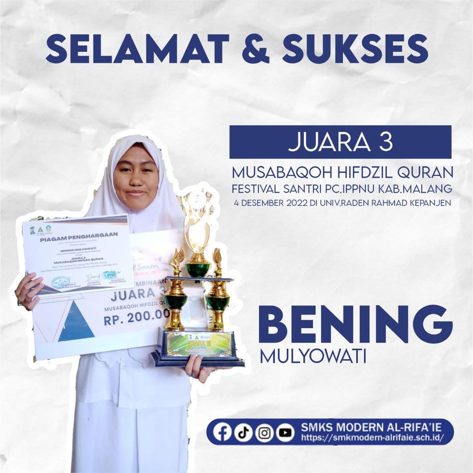 Juara 3 Lomba Hifdzil Quran Festival Santri PC IPNU-IPPNU 2022