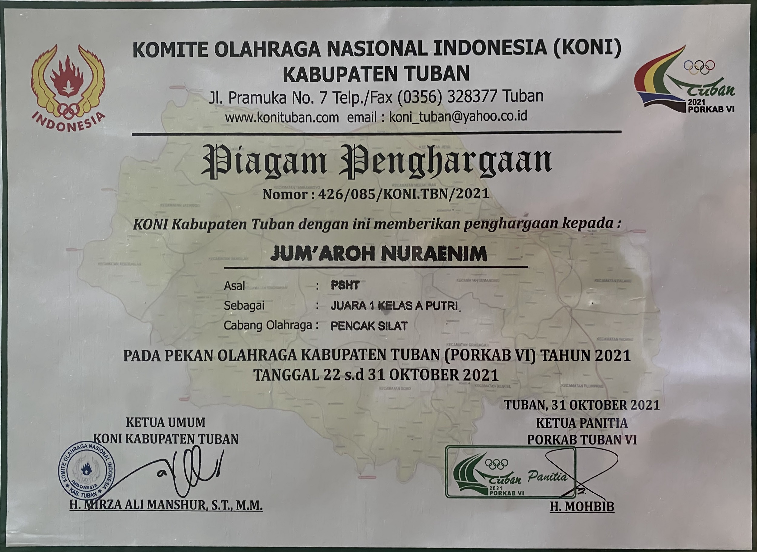 Juara 1 Kelas A Putri Pencak Silat Pada Pekan Olahraga Kabupaten Tuban (PORKAB VI) Tahun 2021