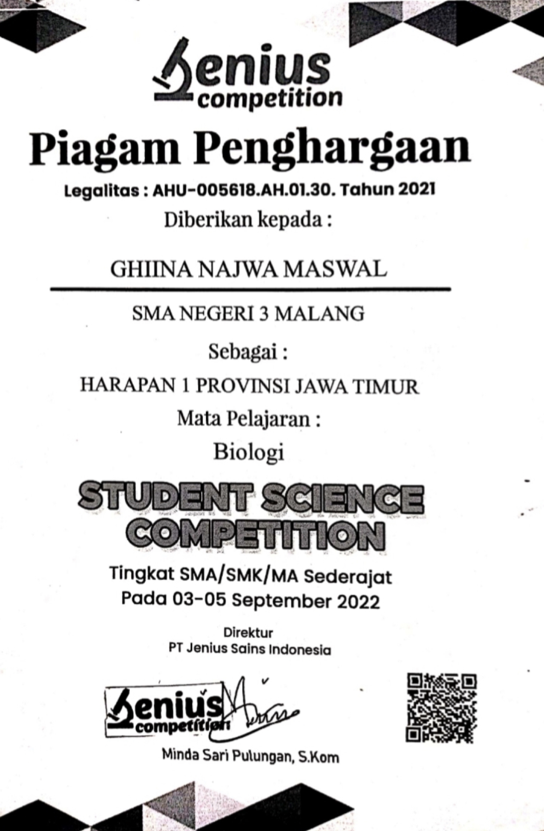 Juara Harapan 1 Provinsi Jawa Timur bidang Biologi Student Science Competition (SSC 2022)