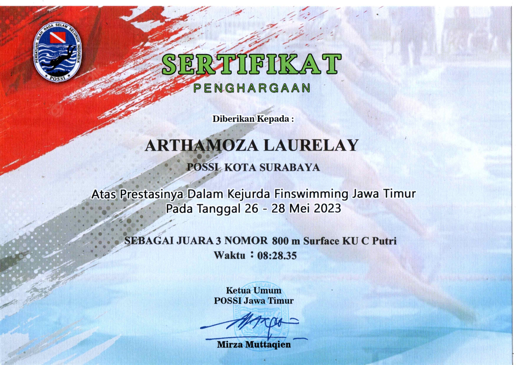 Juara 3 finswimming nomor 800 m surface KU C putri