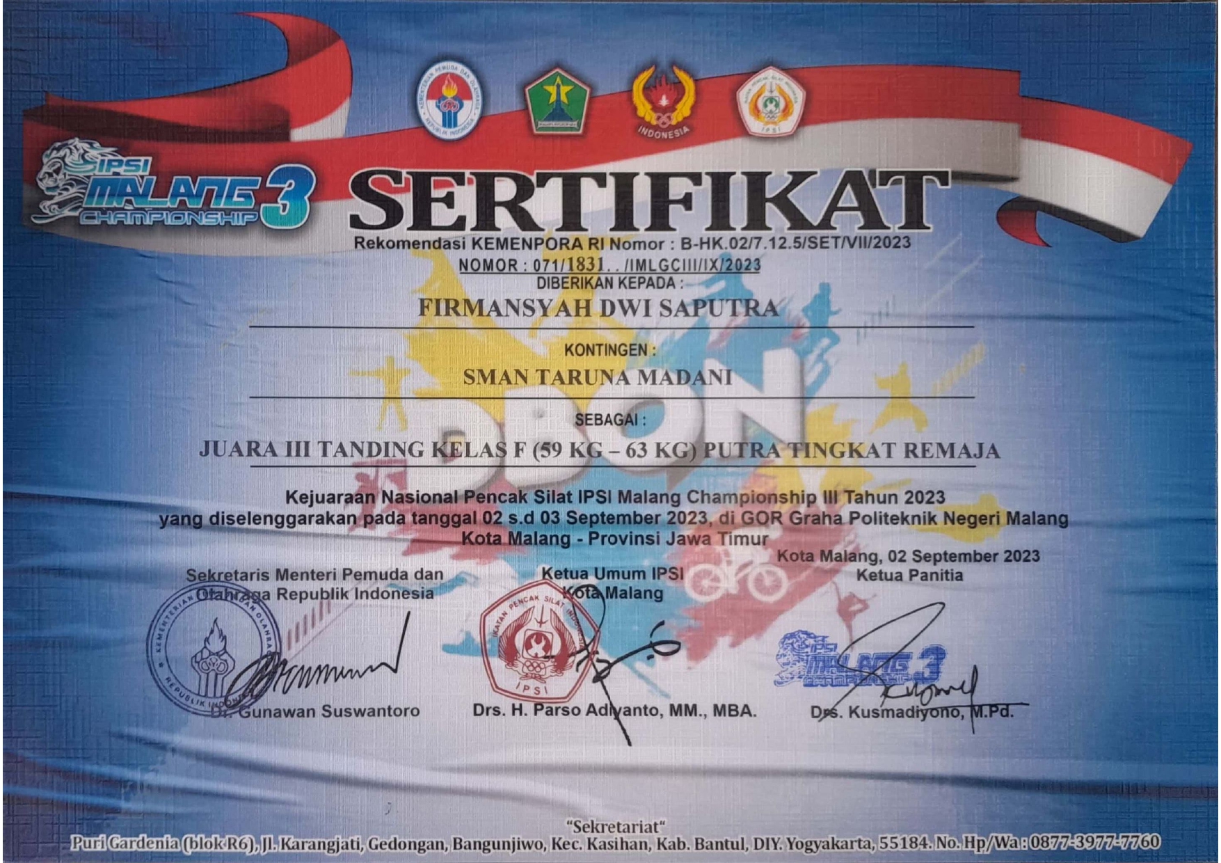 Juara III Tanding Kelas F Putra Tingkat Remaja dalam Kejuaraan Nasional Pencak S