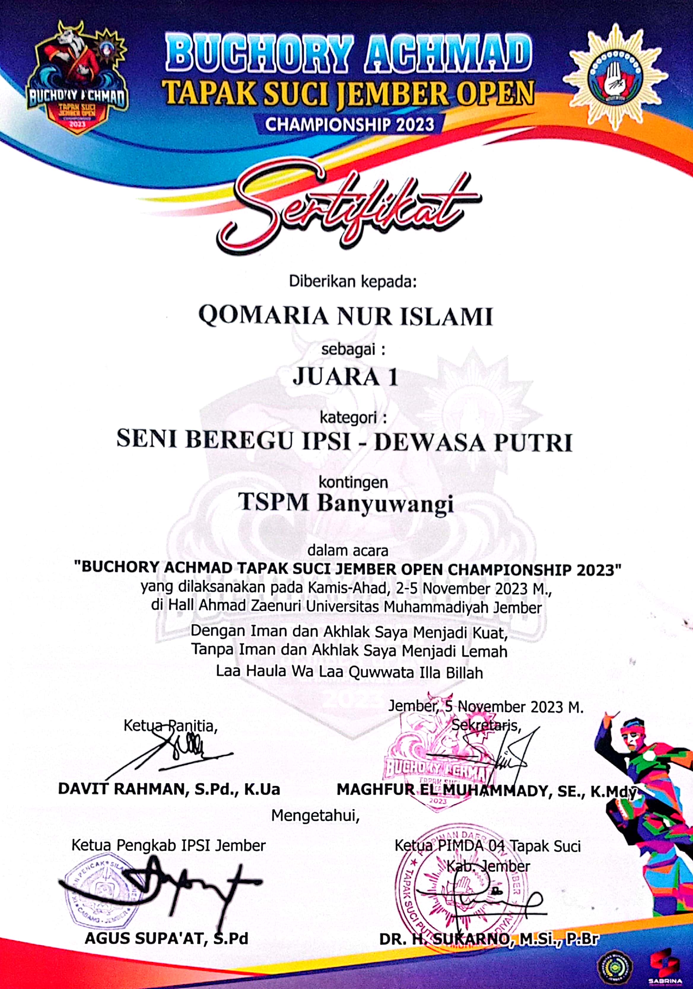 Juara 1 Beregu Tingkat Jawa Timur dalam Buchory Achmad Tapak Suci jember Open Championship 