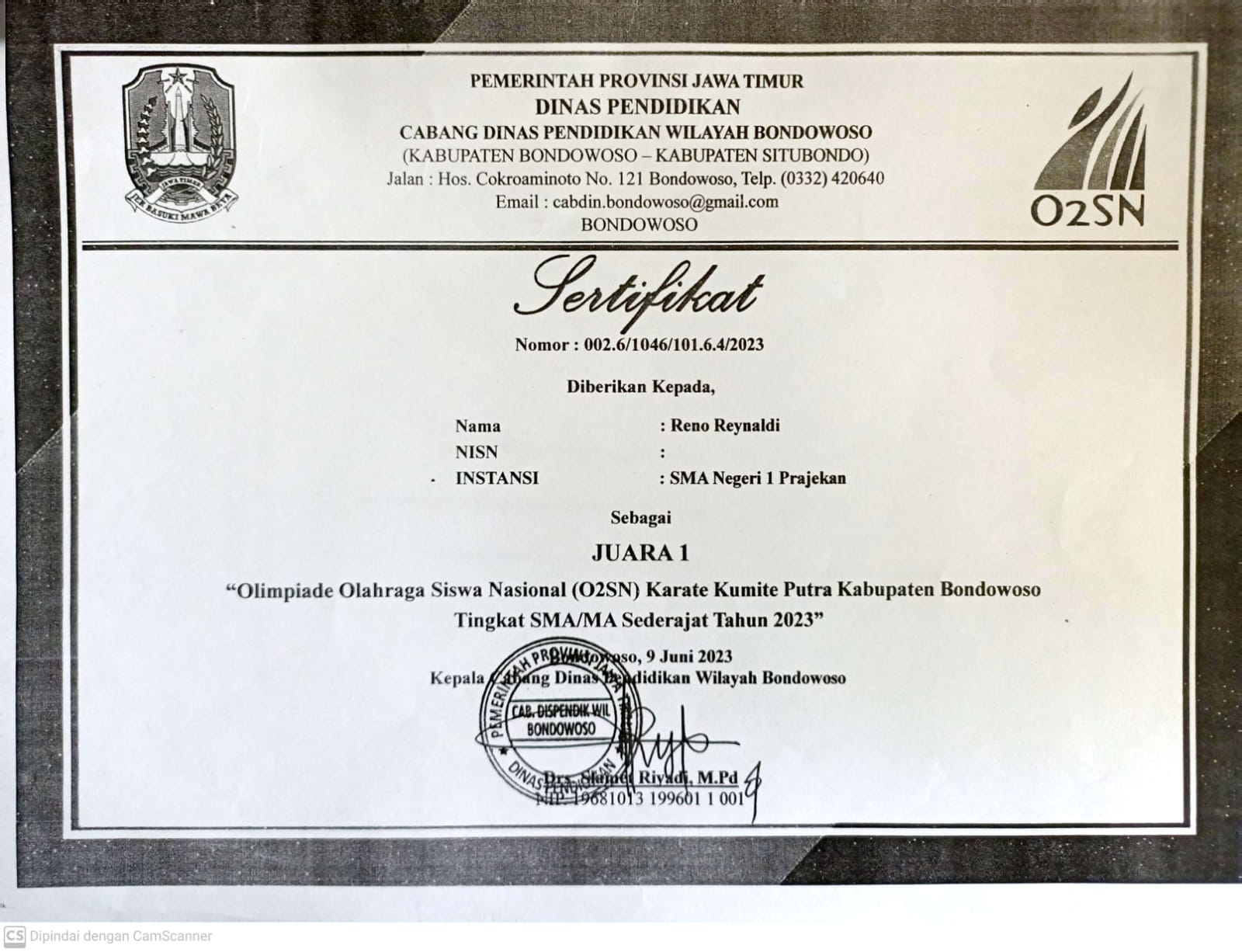 Olimpiade Olahraga Siswa Nasional (O2SN) Karate Kumite Putra Kabupaten Bondowoso