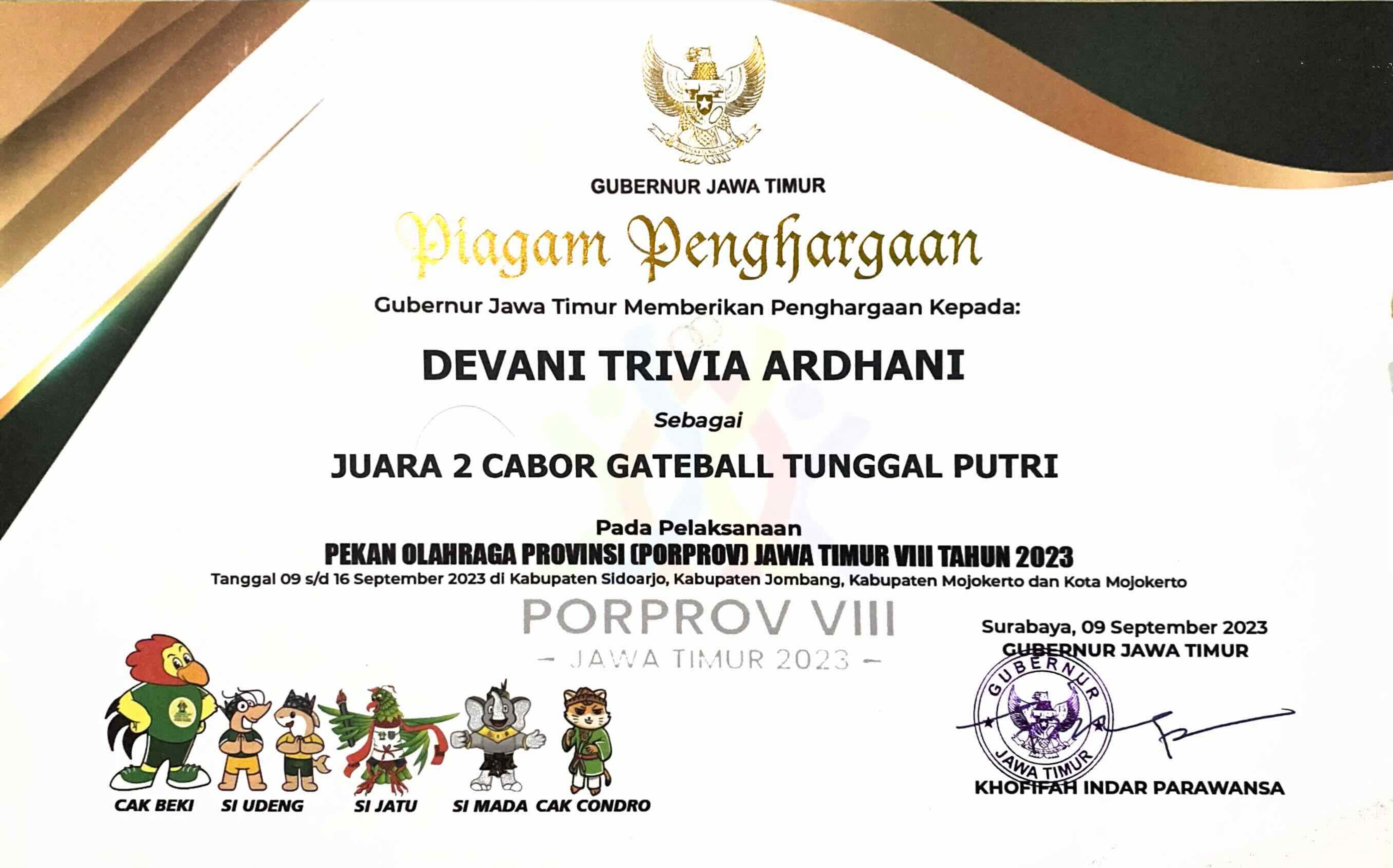 JUARA 2 GATEBALL TUNGGAL PUTRI PORPROV JAWA TIMUR VIII TAHUN 2023