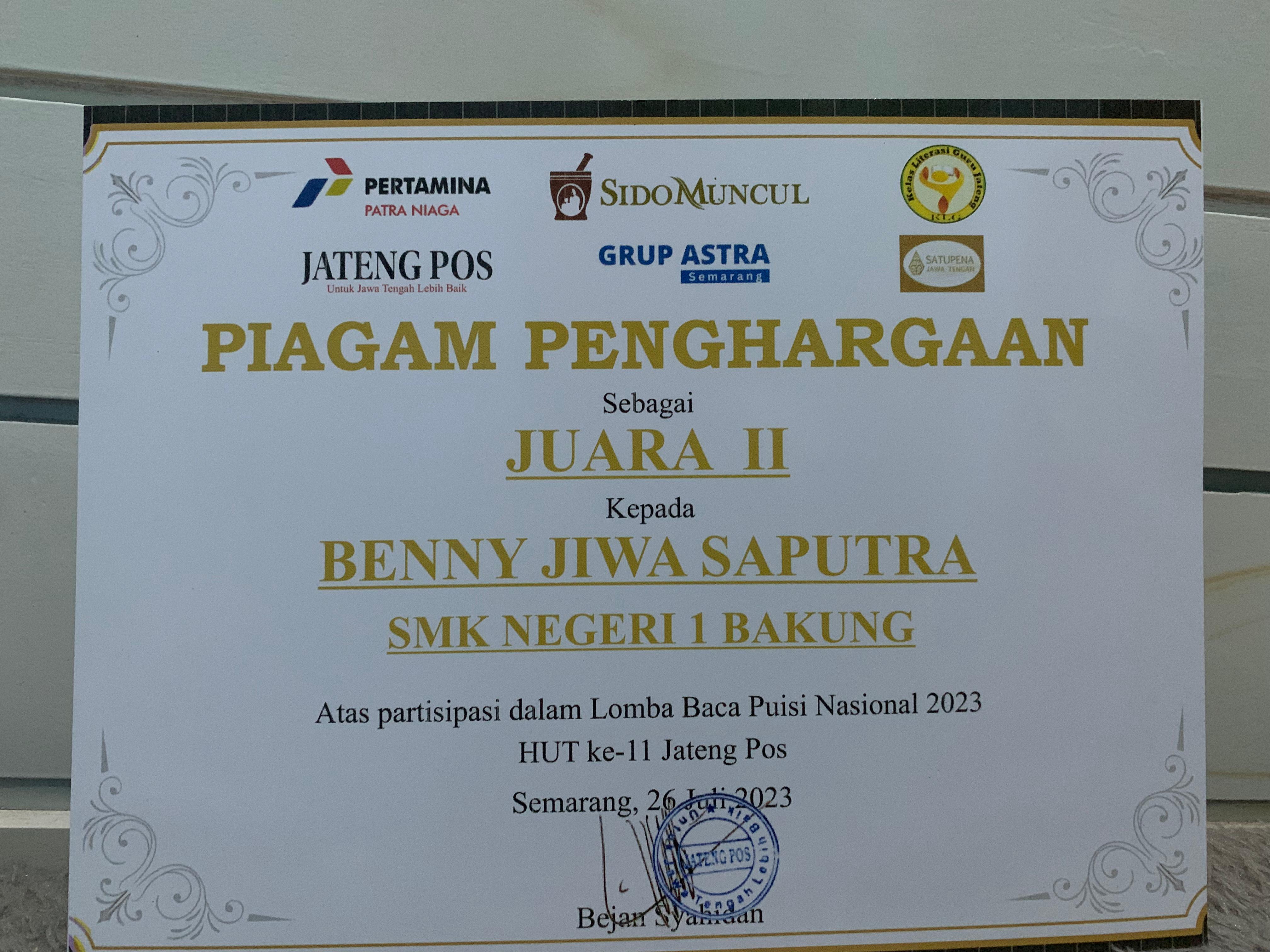 PIAGAM PENGHARGAAN SEBAGAI JUARA 2 LOMBA BACA PUISI NASIONAL 2023 HUT KE - 11 JATENG POS
