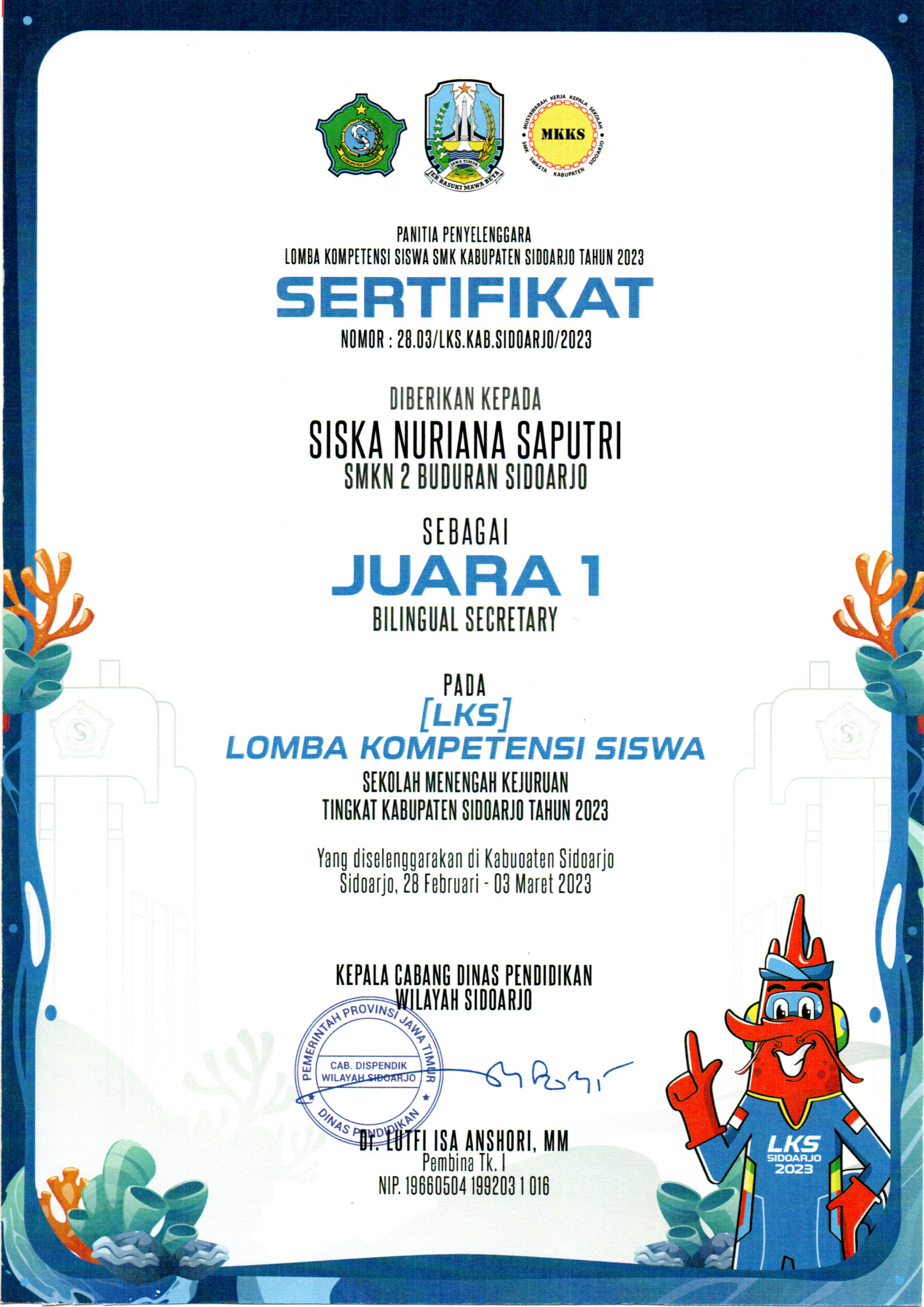 Lomba Kompetensi Siswa Kabupaten Sidoarjo Bidang Lomba Bilingual Secretary