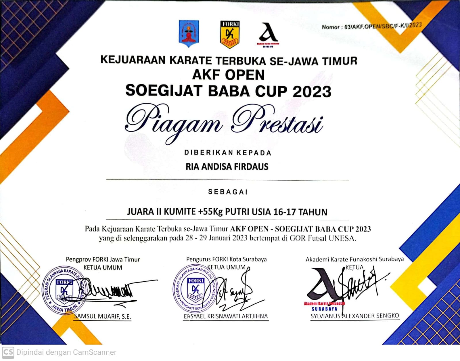 Juara 2 Kumite +55 Kg Putri Usia 16-17 Tahun AKF Open Soegijat Baba Cup 2023