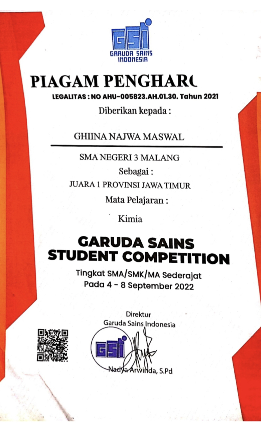 Juara 1 Provinsi Jawa Timur Bidang Kimia Garuda Sains Student Competition (GSSC 2022)