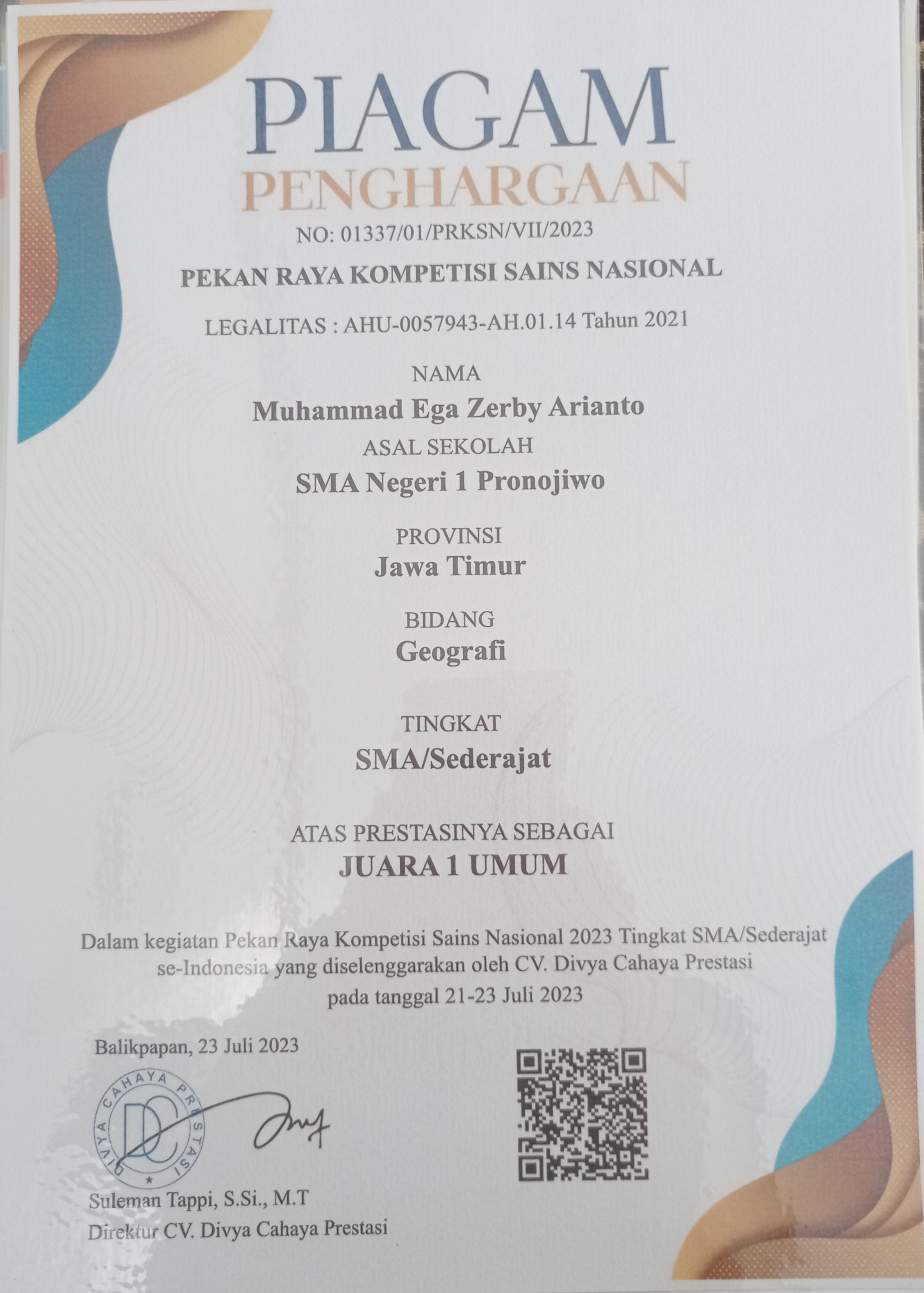 PRESTASI AKADEMIK TINGKAT NASIONAL SISWA