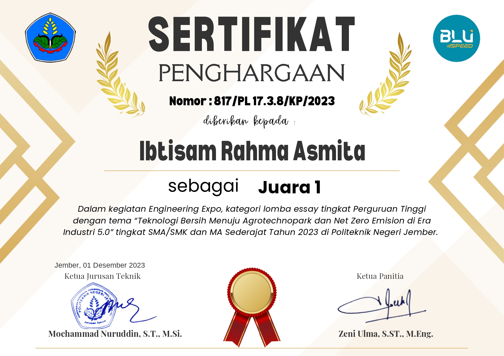 Dalam kegiatan Engineering Expo, kategori lomba essay tingkat Perguruan Tinggi dengan tema “Teknologi Bersih Menuju Agrotechnopark dan Net Zero Emision di Era Industri 5.0” tingkat SMA/SMK dan MA Sederajat Tahun 2023 di Politeknik Negeri Jember.