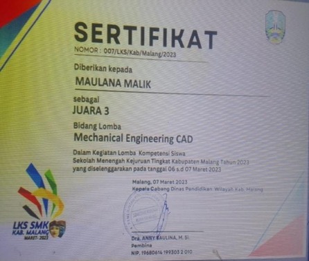 Juara 3 LKS Tingkat Kab. Malang Kategori Mechanical Engineering CAD Tahun 2023