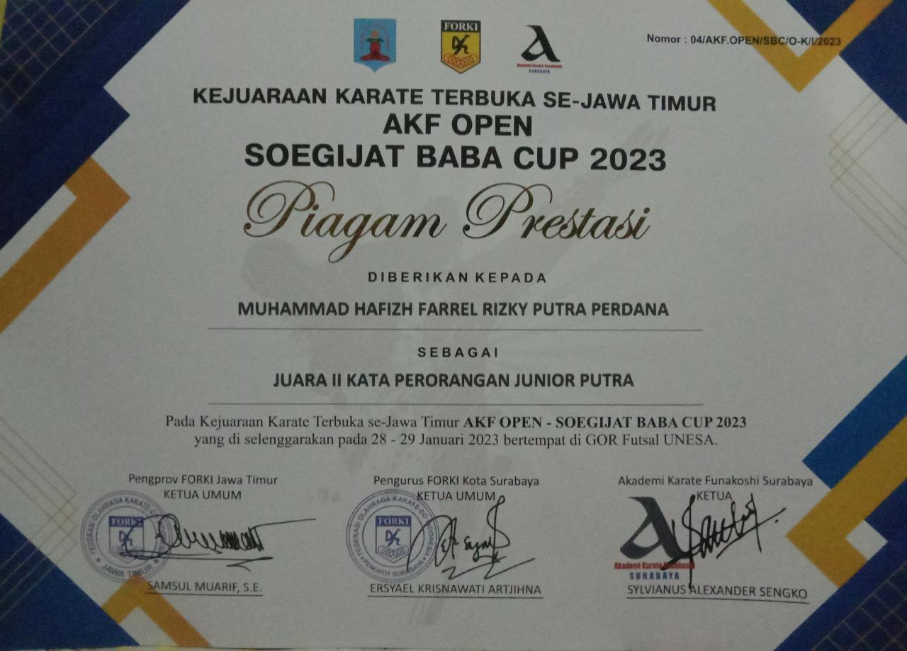 Juara 2 Kata Perorangan Junior Putra  AKF Open Soegijat Baba Cup 2023