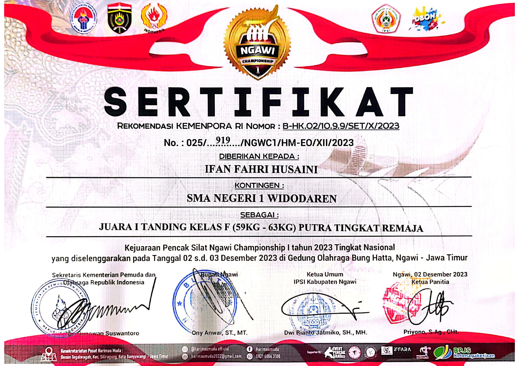 JUARA 1 TANDING KELAS F (59KG-63KG) PUTRA TINGKAT PERTAMA KEJUARAAN PENCAK SILAT NGAWI CHAMPIONSHIP I 2023