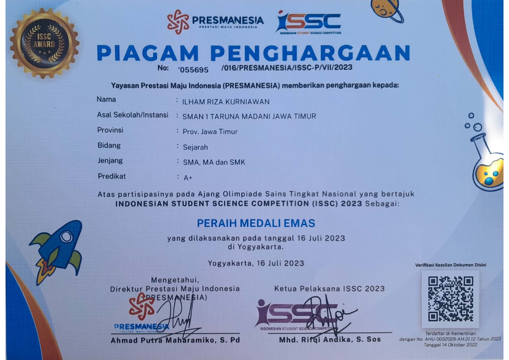 Peraih Medali Emas Olimpiade Sains Tingkat Nasional Mapel Sejarah