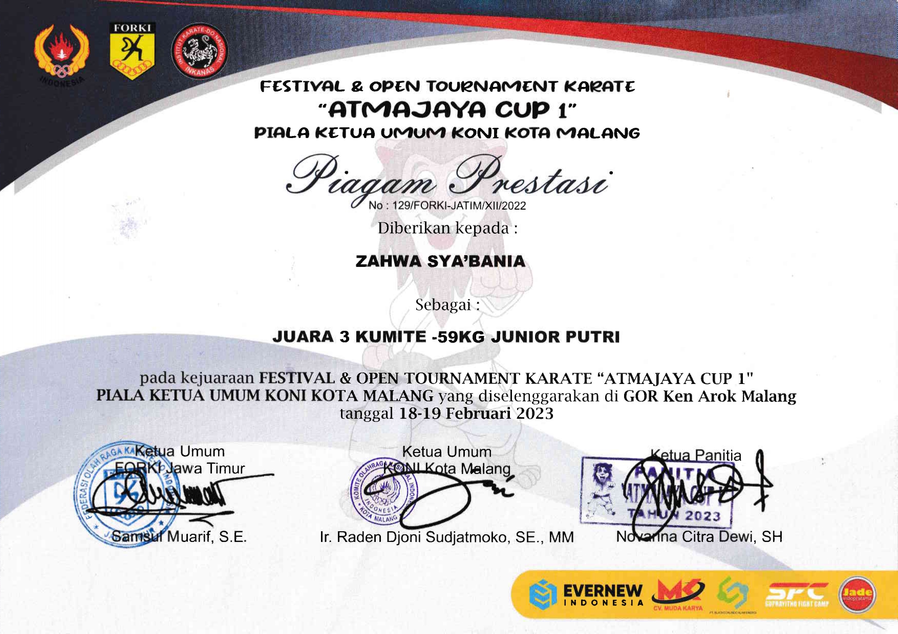 Juara 3 Kumite -59 Kg Junior Putri Kejuaraan Festival & Open Tournament Karate â€œAtmajaya Cup 1â€ Piala Ketua Umum Kota Malang di GOR Ken Arok Malang