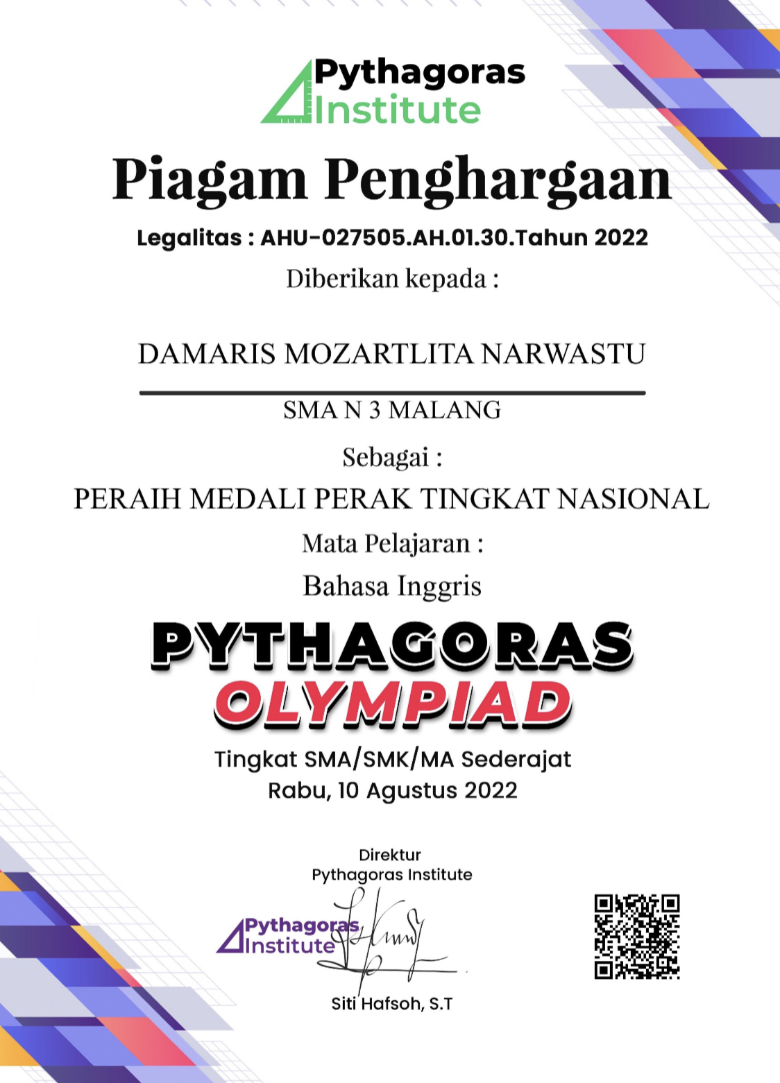 Peraih Medali Perak Bidang Bahasa Inggris Pythagoras Olympiad