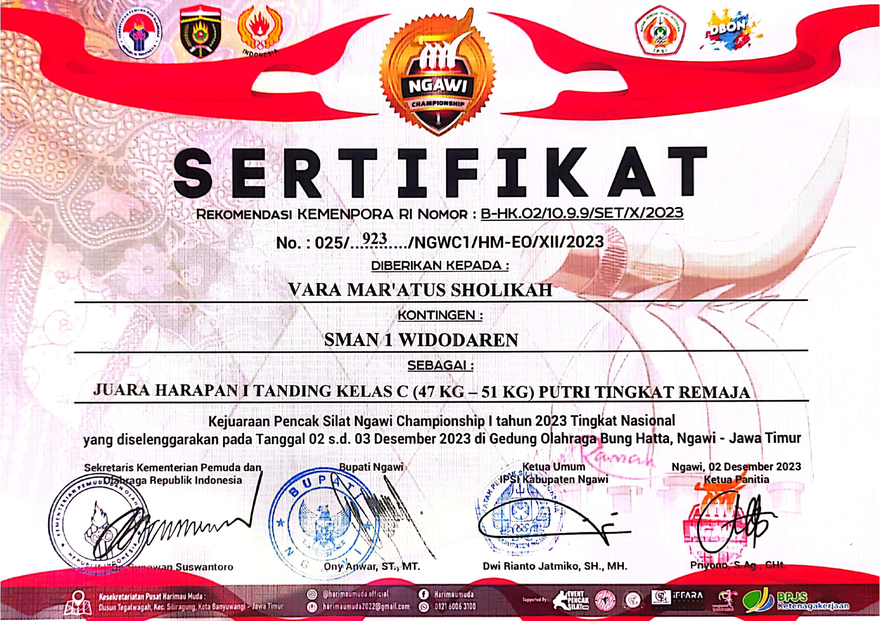 JUARA HARAPAN 1 TANDING KELAS C (47KG-51KG) PUTRI TINGKAT REMAJA KEJUARAAN PENCAK SILAT NGAWI CHAMPIONSHIP I 2023