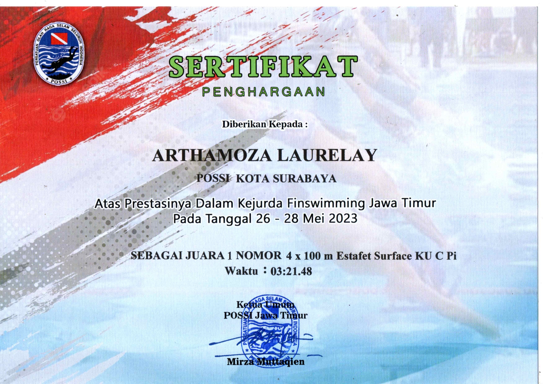 Juara 1 finswimming nomor 4Ã—100 m surface KU C putri