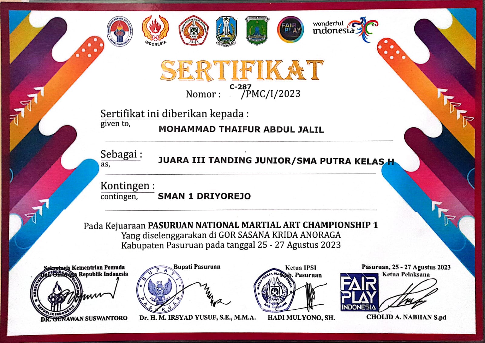 Juara III Tanding Junior/SMA Putra Kelas H - Pasuruan National Martial Art Champhinship 1